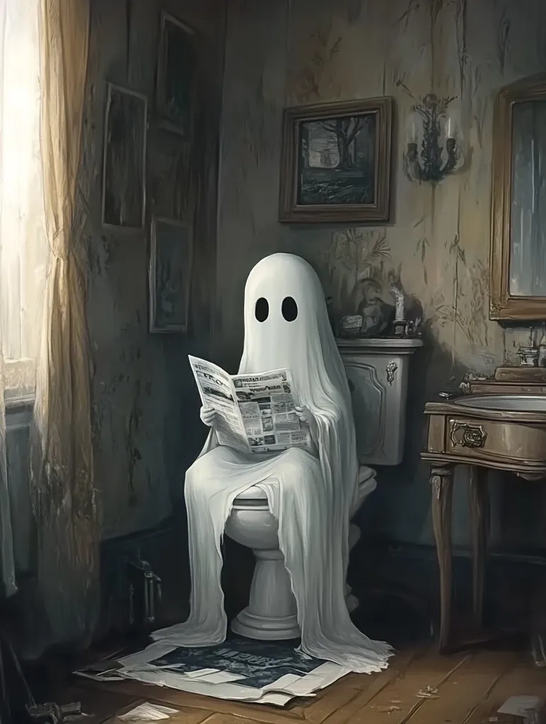 The image shows a ghost sitting on a toilet in a bathroom. The ghost is wearing a white sheet and is reading a newspaper. The bathroom is dimly lit and has a vintage aesthetic, with old-fashioned fixtures and framed pictures on the walls. The ghost's presence creates a surreal and eerie atmosphere.