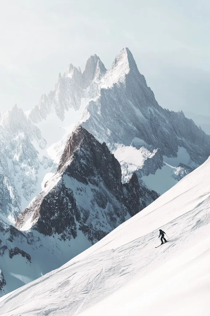 A lone skier descends a snow-covered slope, carving a path through pristine white powder. The majestic snow-capped mountains stand tall in the background, their peaks reaching towards a clear blue sky. The scene is one of solitude and serene beauty, capturing the essence of a winter wonderland. The sun casts a soft glow over the mountain range, creating a sense of tranquility.