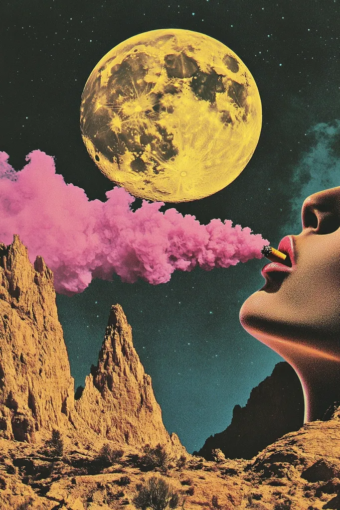 A large, yellow moon hangs in the night sky above a desert landscape. A woman's face, partially obscured by a pink smoke cloud, appears to be smoking a cigarette. The sky is dotted with stars, and the mountains in the foreground are a mix of brown and orange. The image is a surreal and dreamlike depiction of a desert landscape.