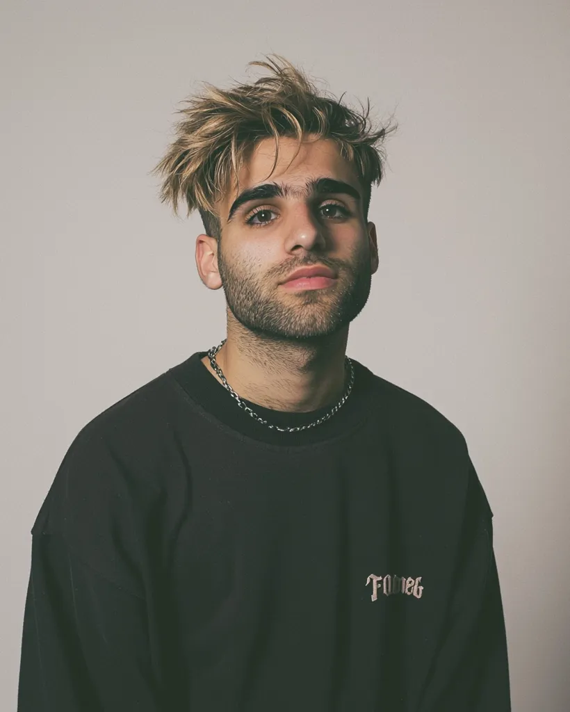 A young man with short, tousled brown hair and a light beard is looking at the camera with a slightly serious expression. He is wearing a black sweatshirt with a small logo on the bottom right side of the chest and a silver chain necklace. The background is a plain white wall. The overall tone of the image is casual and relaxed.