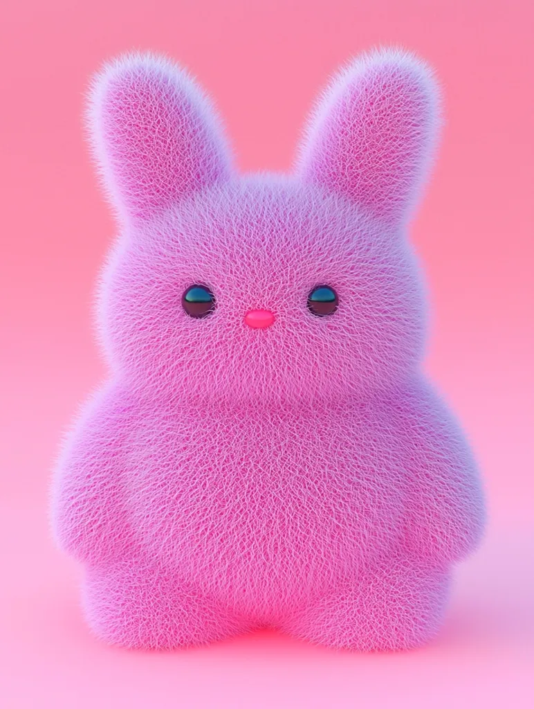 A fluffy pink bunny with long ears, small blue eyes, and a pink nose sits on a pink background. The bunny's fur is incredibly soft and detailed, giving it a cuddly appearance. Its innocent expression and pastel color scheme create a cute and whimsical feel.