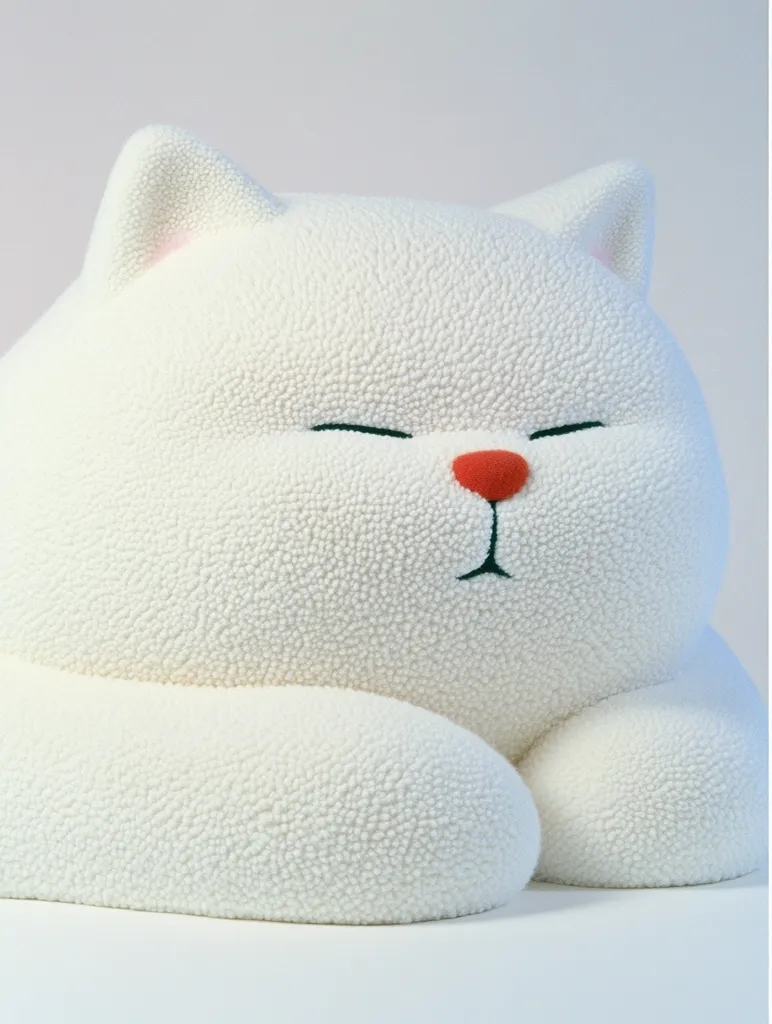 The image shows a white, plush cat sculpture. It is lying down with its eyes closed and has a small, red nose. The sculpture is made of a fluffy material with a textured surface. The cat has a chubby body and small ears. It is positioned on a white background. The sculpture gives off a sense of calmness and innocence.