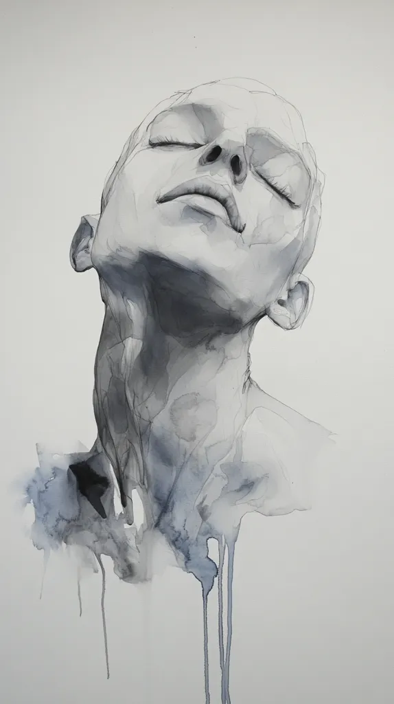 The image is a black and white watercolor painting of a woman's face. Her eyes are closed, and she is looking up at the sky. The painting is done in a minimalist style, with only the essential features of the face being depicted. The background is a soft gray, and the woman's face is highlighted with a soft white light. The overall effect is one of peace and serenity.
