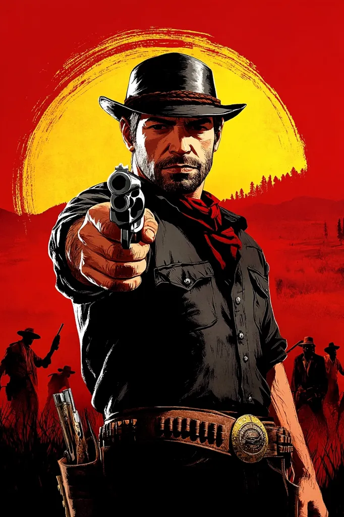The image depicts a rugged cowboy in a black shirt and hat, holding a revolver in his right hand, pointing it directly at the viewer. He has a serious expression on his face, and his beard is shadowed by his wide-brimmed hat.  A yellow sun shines behind him, creating a dramatic halo. The cowboy is standing against a red background, suggesting a Wild West setting.  Two other figures can be seen in the background, adding to the scene's Western theme. The overall image conveys a sense of danger and tension.