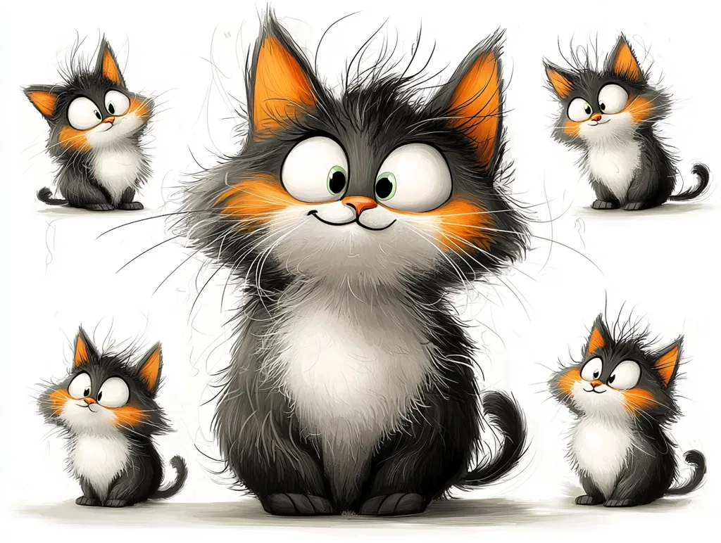 Five cartoon cats are depicted in the image. The central cat is the largest, with a black and white body, orange ears, and a wide, toothy grin. The other four cats are smaller, with similar coloring but different poses. They all have large, expressive eyes and appear to be friendly and playful. The cats are drawn with a whimsical style, with exaggerated features and fluffy fur. The background is a simple white, allowing the cats to be the focal point of the image.