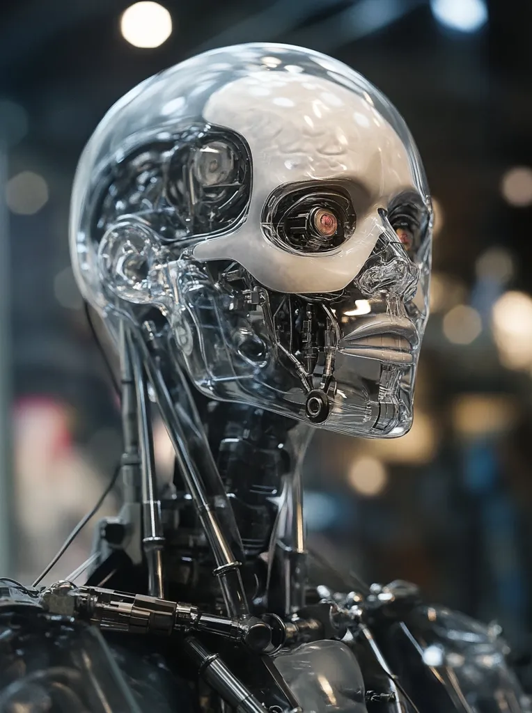 The image shows a close-up of a robotic head, seemingly made of clear plastic.  The head is angled slightly to the right, with its red eyes looking off into the distance.  The robot's inner workings, including its mechanical skull, are clearly visible. The robot's neck and upper torso are also made of metal, creating a striking contrast with the clear head. The background is blurred, highlighting the robot's features.
