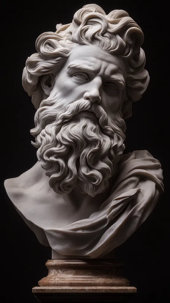 A marble bust of a man with a thick beard and long, curly hair. The man's face has a stern expression, and he is wearing a simple robe that is draped over his shoulders. The bust is set on a wooden pedestal, and it is lit from the side, casting shadows across the man's face and body. The detail of the sculpture is incredible, with every strand of hair and wrinkle on the man's face meticulously sculpted.