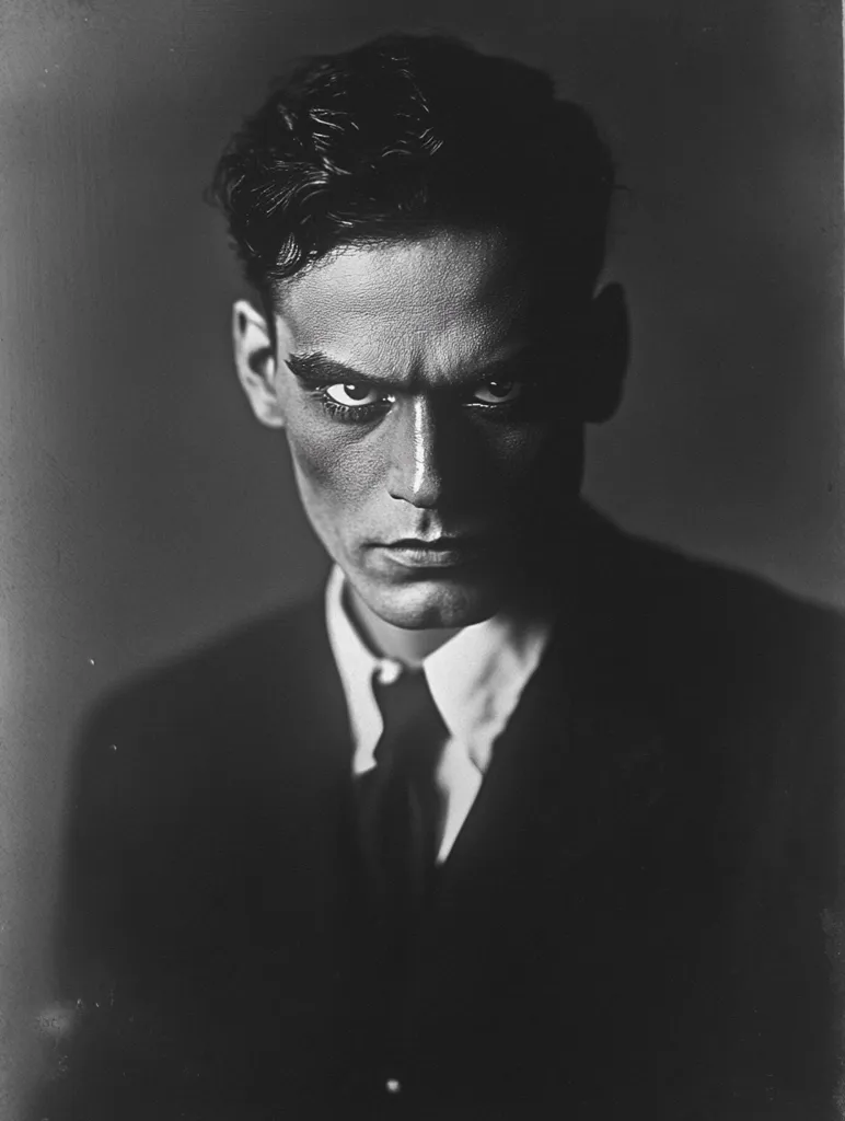 A black and white portrait of a man in a suit and tie. The man has dark hair and a serious expression. His eyes are wide and dark, and his lips are slightly parted. The image is lit from the front, casting shadows around the man's face and giving the photograph a moody feel. The background is out of focus.