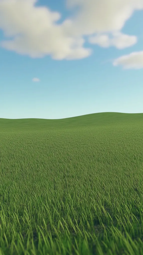 A vast expanse of green grass stretches out beneath a clear blue sky with wispy white clouds. The field is gently rolling, creating a sense of peace and tranquility. The image is simple yet serene, highlighting the beauty of nature's simple elements.