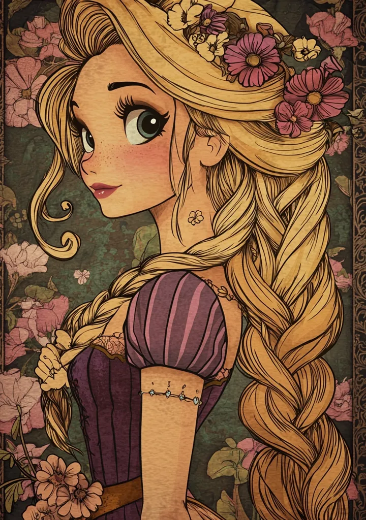 The image is a stylized depiction of Rapunzel from the Disney movie Tangled. She has long, flowing blonde hair that is braided and adorned with flowers.  She is wearing a purple and pink dress with a floral pattern. The background is a faded, vintage-style floral pattern. The overall mood is whimsical and romantic.