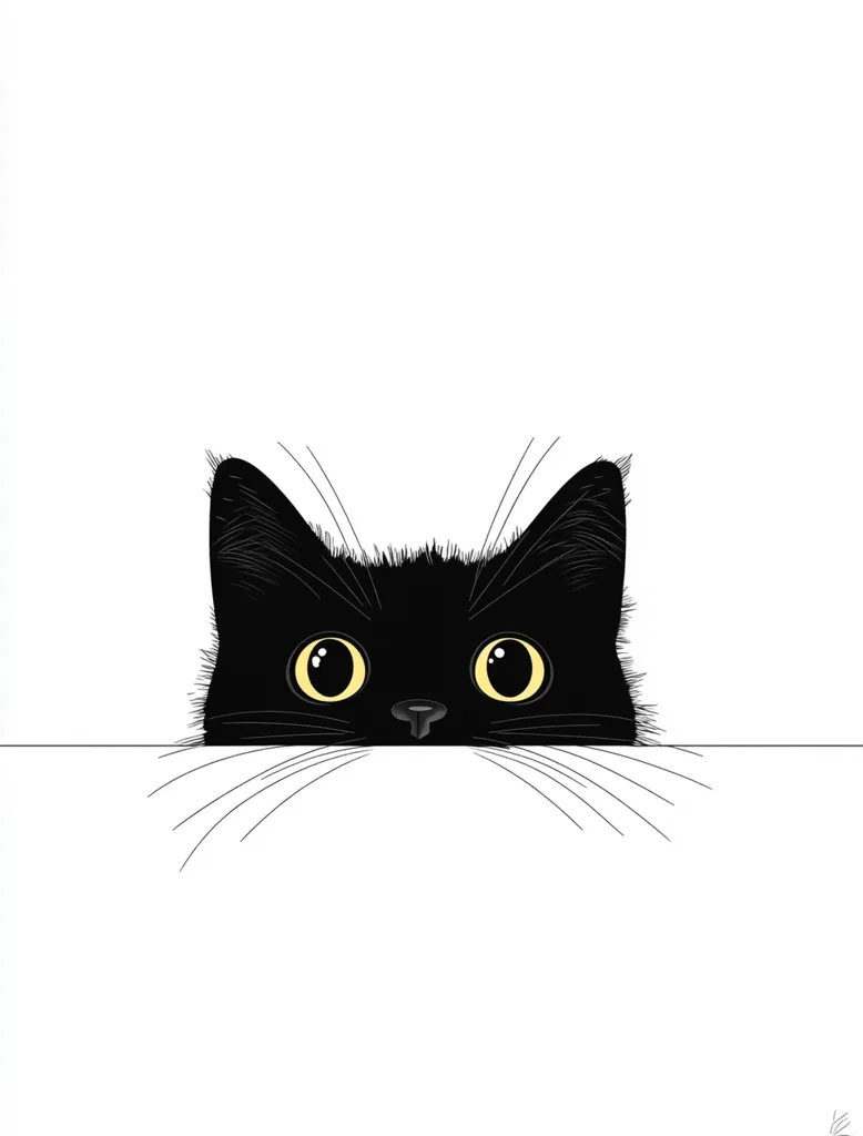A black cat with large, round yellow eyes peeks over a white surface. Its black fur is sleek and its whiskers are long and thin. The cat's expression is curious and alert, as if it is watching something intently. The image is simple and minimalist, with the cat as the only focal point.  The image is drawn in a cartoon style, giving it a playful and lighthearted feel.