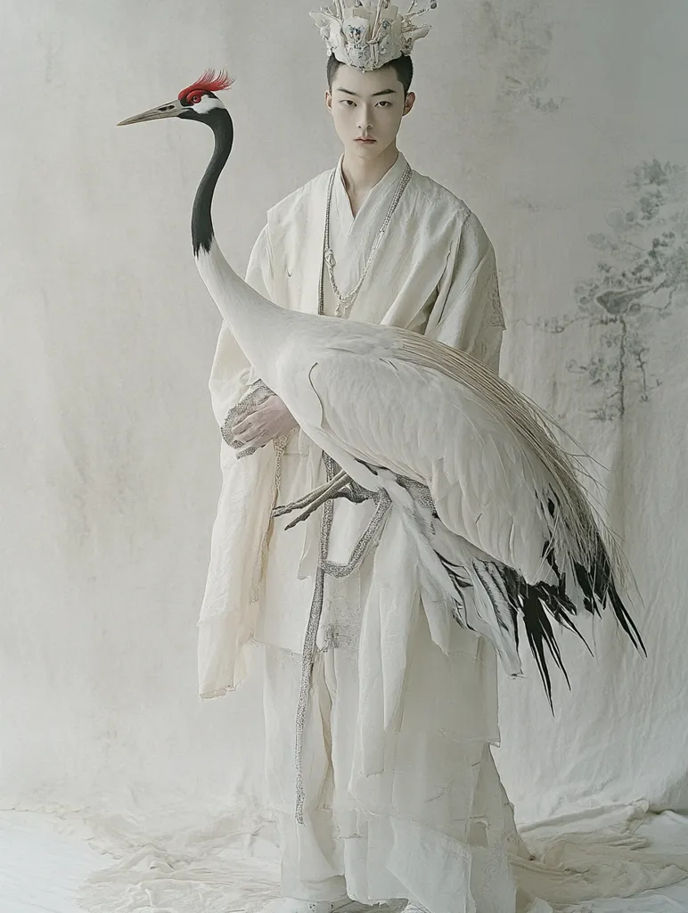 A young man, adorned in a white, flowing robe and a crown, holds a white crane. The crane’s neck is extended towards the camera, while its wings are folded behind the man. Both the man and the crane are starkly contrasted against the light, muted background. The overall image creates a sense of ethereal elegance and quietude.