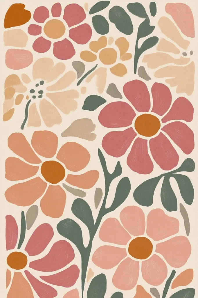 A colorful floral pattern, featuring various shades of pink, orange, and green. The flowers are depicted in a stylized, almost abstract way, with rounded petals and simple centers. There is a sense of movement and fluidity in the arrangement of the flowers and leaves, creating a visually appealing and organic composition. The overall feel is cheerful and playful.