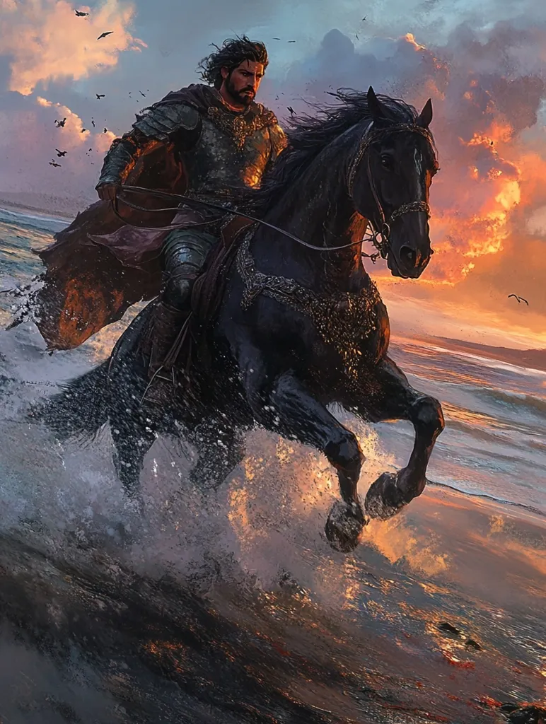 A knight in shining armor rides a powerful black steed through the surf. The horse’s mane and tail flow in the wind as it charges forward, sending up spray of ocean water. The knight is clad in armor and wears a flowing crimson cloak. He has a determined expression on his face, his eyes focused on the horizon. The scene is bathed in the golden light of a setting sun, creating a dramatic and epic feel.