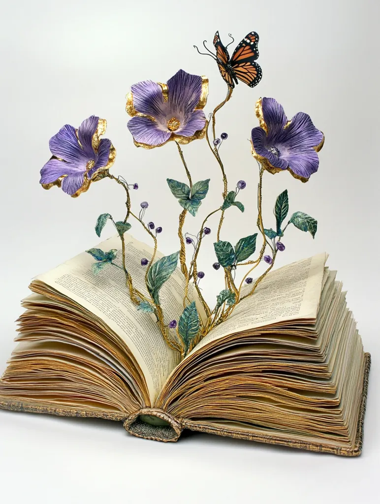 An open book lies flat, its pages fanned out like a delicate fan.  Atop the book, a wire sculpture rises, adorned with purple paper flowers, green leaves, and purple beads. A single monarch butterfly rests atop one of the flowers, its wings spread. The sculpture evokes a sense of beauty and whimsy, blending nature and literature. The soft lighting and muted colors contribute to a peaceful and serene atmosphere.