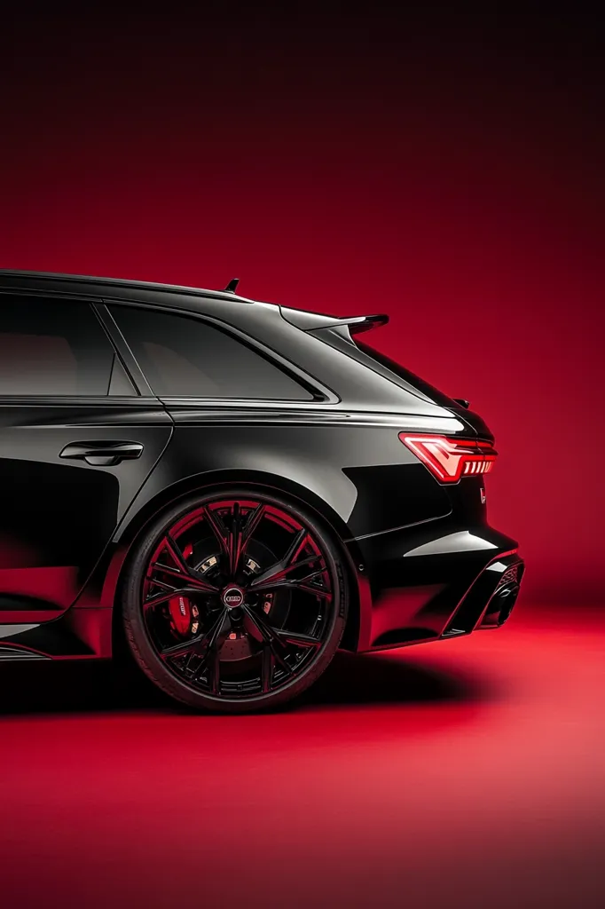 A sleek, black Audi RS6 Avant is parked on a vibrant red surface. The car's rear quarter panel is in focus, showcasing its muscular lines and distinctive rear taillights.  The black, multi-spoke wheels with red brake calipers add a touch of sportiness.  The red background creates a striking contrast with the black car, highlighting its sleek design. The image emphasizes the car's powerful and elegant aesthetic.