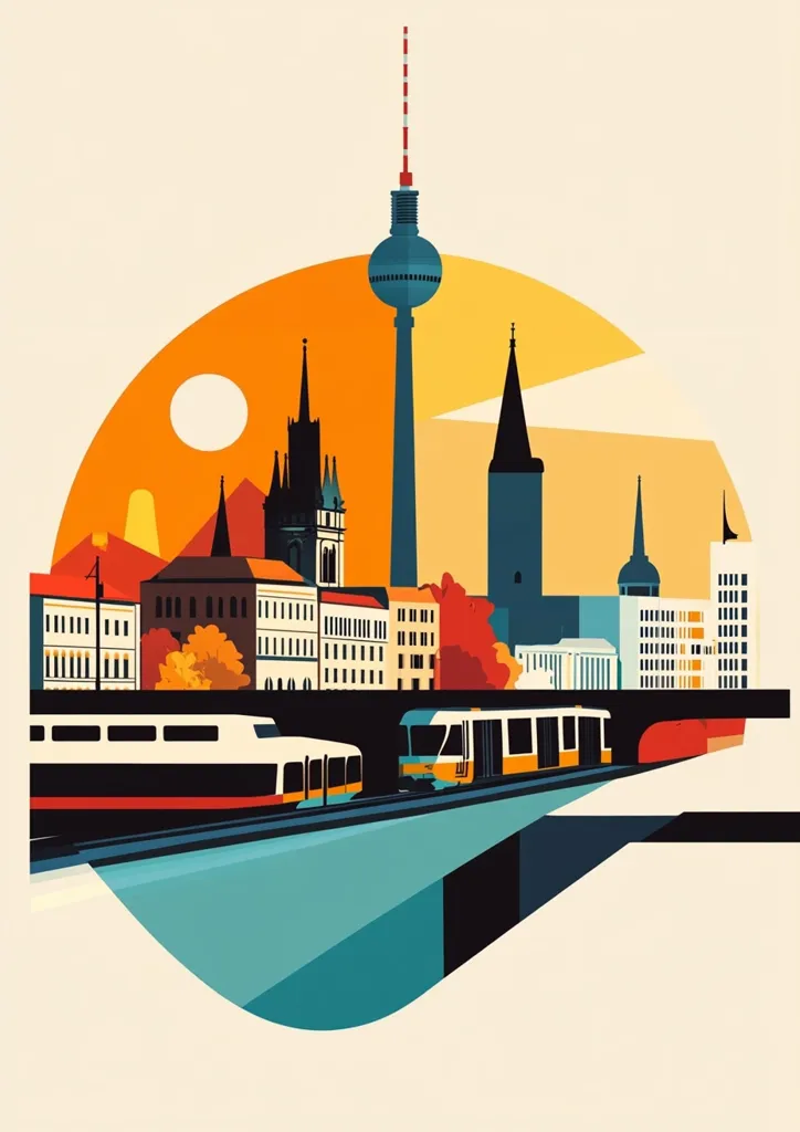 This is a stylized illustration of the Berlin skyline, featuring the iconic TV tower with a red and white antenna. The image is set against a backdrop of a sunset with a large, orange sun and a few clouds. The city's skyline is filled with various buildings, including a church with a tall spire. In the foreground, a tram travels across a bridge, passing under an overpass. The illustration uses bold colors and geometric shapes to create a modern and eye-catching design.