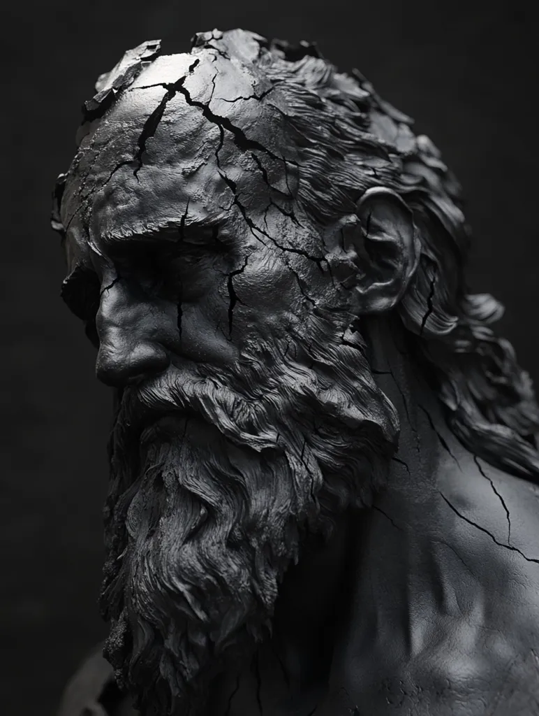 The image depicts a close-up of a sculpted human bust, crafted from a dark, almost black material. The surface is deeply textured, resembling cracked and weathered stone or wood,  giving the sculpture a sense of age and fragility. The subject appears to be a bearded male figure, with prominent features and a strong expression. The overall tone is somber and contemplative, suggesting themes of time, decay, and the enduring nature of the human spirit.