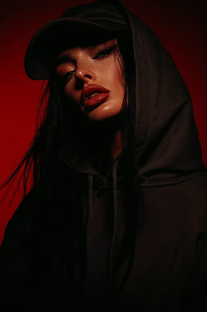 A woman with long dark hair, wearing a black hoodie with a matching cap, is captured in a close-up shot. The background is a deep red, contrasting with her dark clothing and creating a striking visual. Her intense gaze and bright red lips add a sense of mystery and allure to the image. The soft lighting highlights her facial features and creates a dramatic, moody atmosphere.