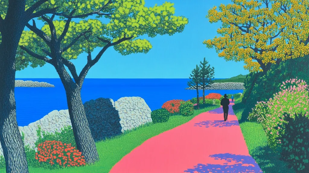 The image depicts a picturesque coastal scene. A pink pathway winds through lush greenery, leading towards a vibrant blue ocean. A lone figure walks along the path, enjoying the tranquil scenery.  Trees with vibrant green and yellow foliage frame the view, adding a touch of color to the landscape. The overall mood is peaceful and serene, evoking a sense of tranquility and natural beauty.