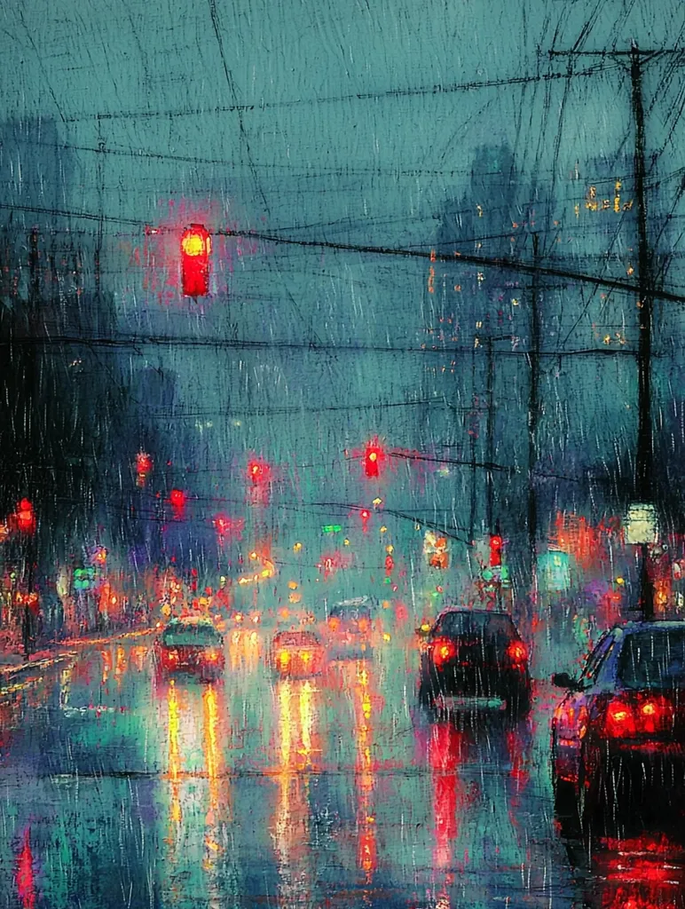 A rainy cityscape at night. The road is wet and reflecting the lights of passing cars. A traffic light hangs over the street, with the red light on. The buildings in the background are blurred by the rain. The painting uses a hazy, impressionistic style, with brushstrokes visible. The overall mood is calm and serene, despite the rain.