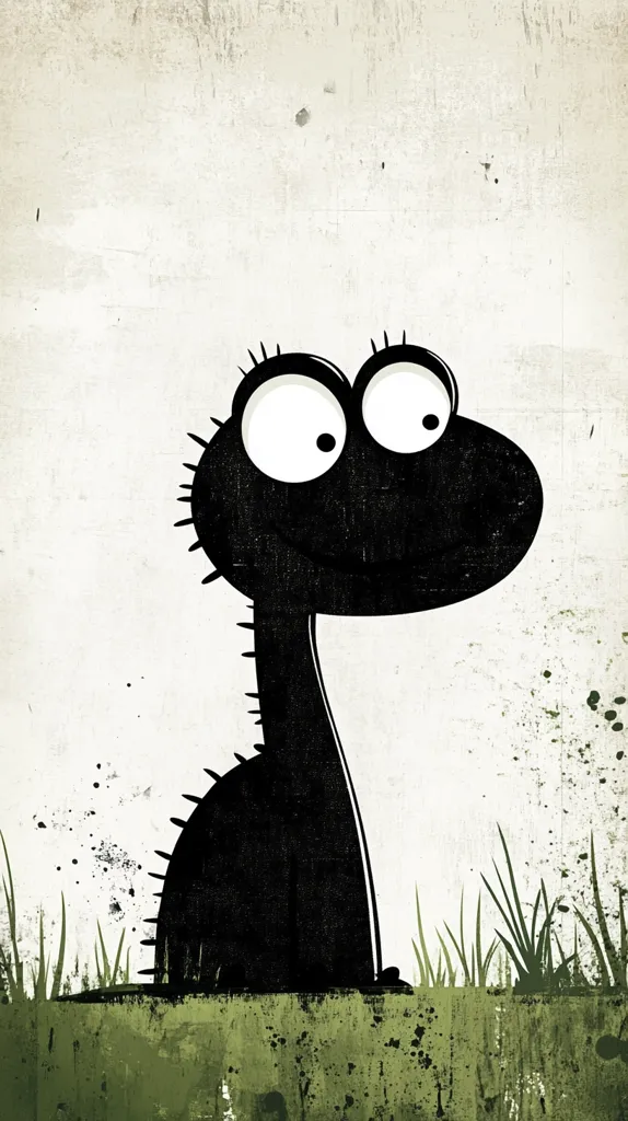 A cartoon dinosaur with large, round eyes and a wide smile peeks out from behind some grass. The dinosaur is black and white, and the background is a distressed white. The image is simple and whimsical.