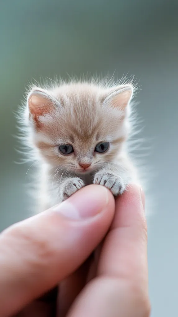 A tiny, cream-colored kitten with large, blue eyes is held gently in a person's hand. The kitten's fur is soft and fluffy, and its paws are small and delicate. The kitten's expression is sweet and innocent, as it looks down at the hand holding it. The background is blurred, creating a soft focus that highlights the kitten.  The image captures the adorable nature of a very young cat.