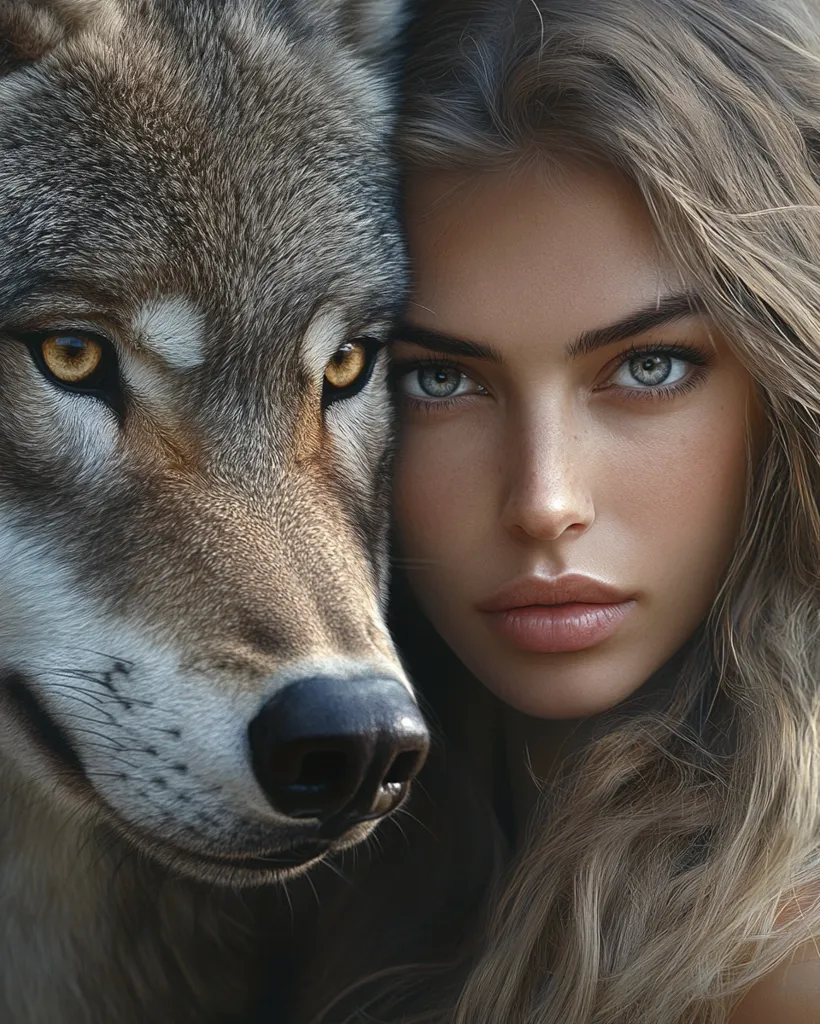 The image shows a close-up of a woman's face with a wolf's face partially covering the left side. The woman has long, flowing blonde hair, soft features, and captivating blue eyes. The wolf's face is partially obscured by her hair, revealing only its snout, nose, and piercing golden eyes. The contrast between the delicate beauty of the woman and the wild, primal nature of the wolf creates a compelling visual juxtaposition. The image evokes a sense of mystery and intrigue, suggesting a connection between the human and animal worlds.