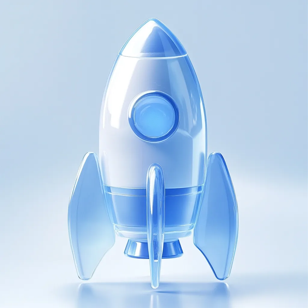 A 3D rendered cartoon rocket, rendered in a glassy blue and white color scheme.  The rocket has a large, round porthole in the front and two side fins that flare out at the bottom. The rocket is standing upright on a light blue background.