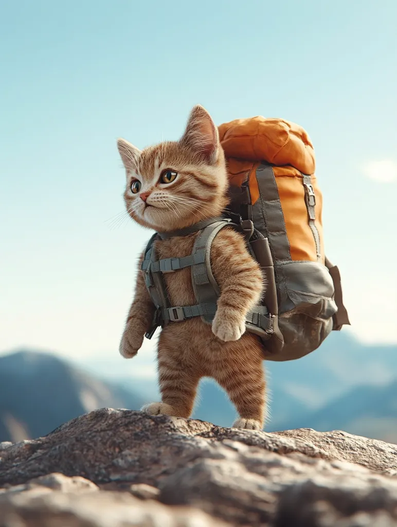 A ginger cat, wearing a backpack, stands atop a rocky mountain, gazing towards the horizon. The cat has a determined expression, suggesting a sense of adventure. The backdrop is a hazy blue sky, hinting at a vast, unexplored landscape. The image portrays a whimsical scenario of a feline embarking on a solo journey.