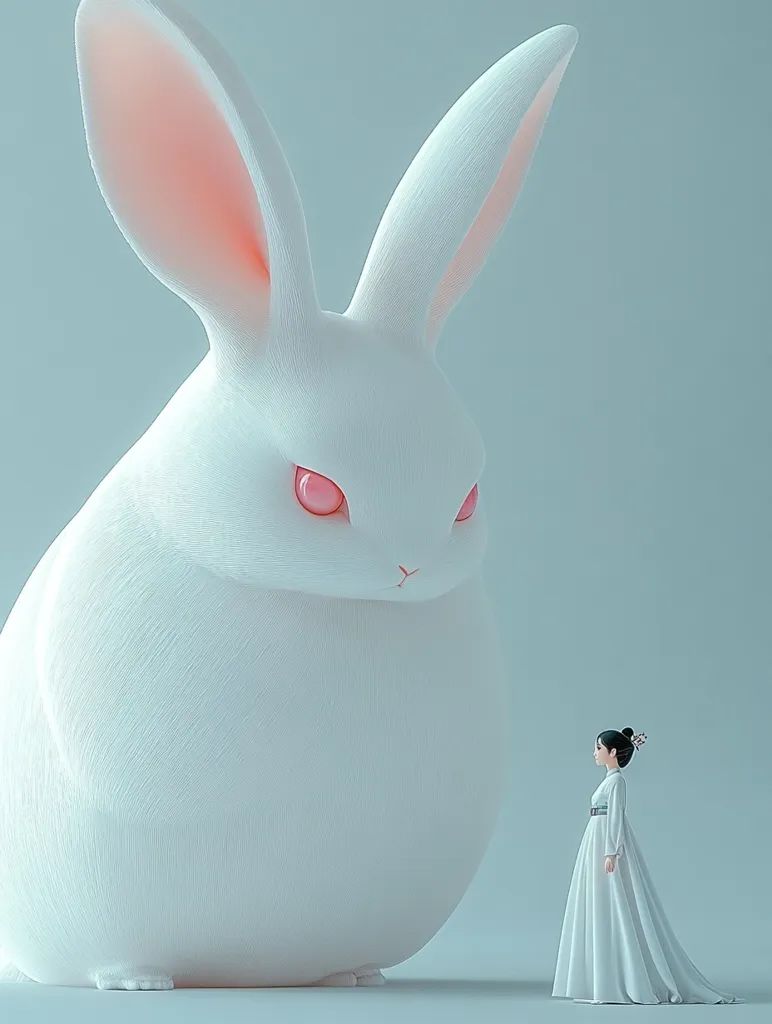 A large, white, furry rabbit with pink ears and red eyes stands with its head lowered, facing a small woman in a white dress. The woman has black hair pulled back in a bun and is looking up at the rabbit. The background is a pale blue. The image has a whimsical and surreal quality.