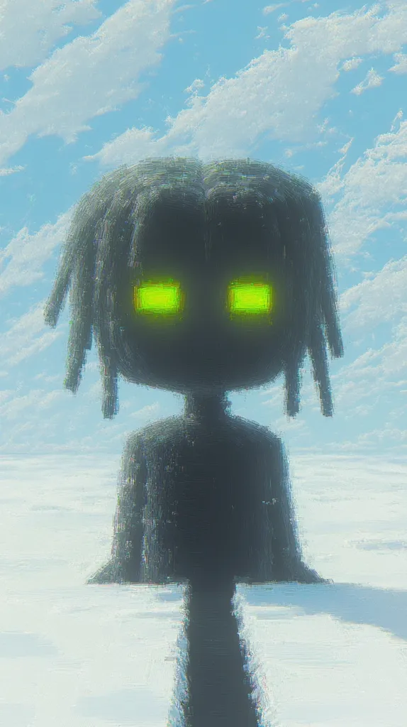 A shadowy figure with glowing green eyes stands in a snowy landscape under a bright blue sky. The figure is pixelated and appears to be made of digital brushstrokes. The sky is filled with white clouds, creating a sense of ethereal beauty and mystery. The figure's glowing eyes and mysterious form suggest a sense of otherworldliness and intrigue.