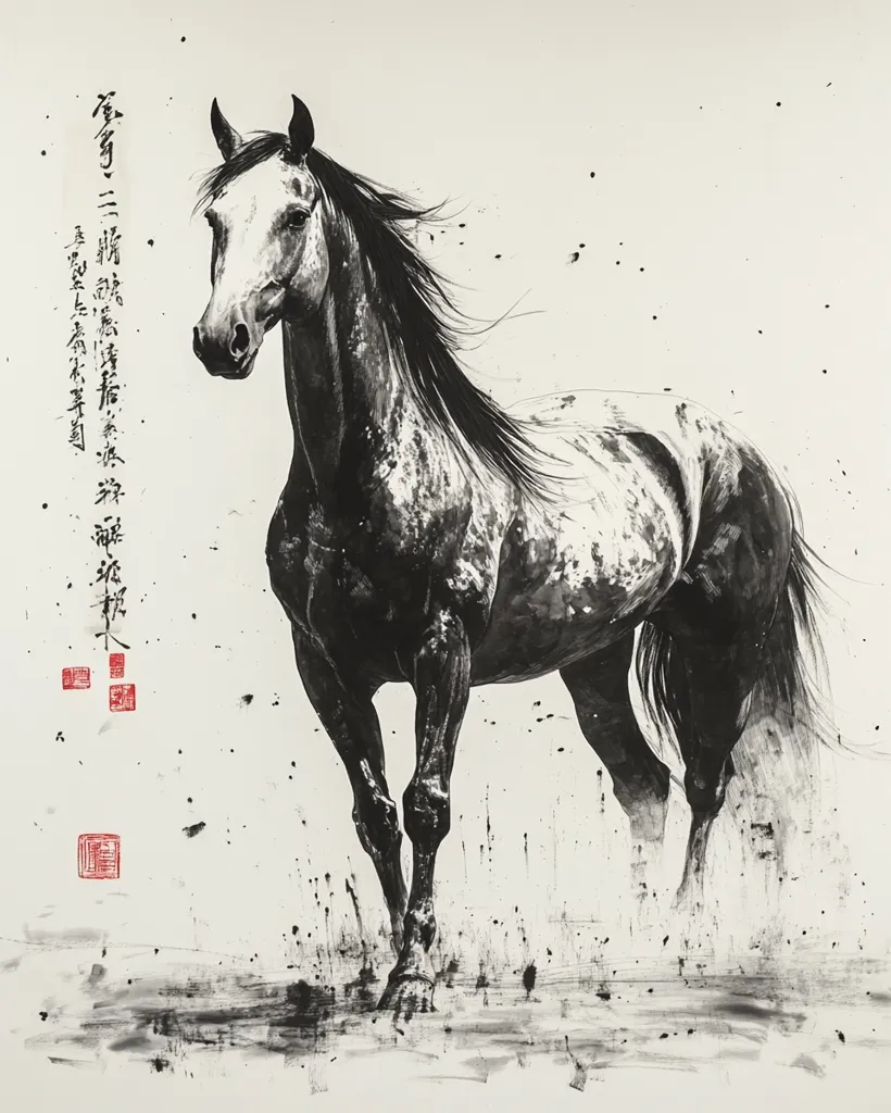 A black and white ink painting of a horse with a long mane and tail. The horse is depicted in a dynamic pose, with its head turned towards the viewer and its legs slightly bent. The background is a simple wash of gray, with a few black dots scattered across the surface. There are Chinese characters on the left side of the painting.  The painting appears to be of a single horse against a plain background with a splash of black ink.
