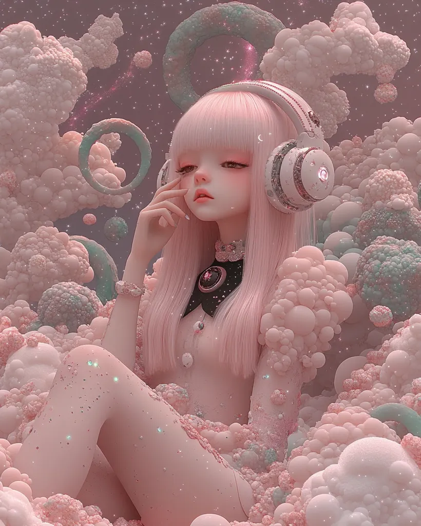 A pink-haired anime-style girl with large eyes and a serious expression wears white headphones and sits surrounded by soft pink and white, bubble-like clouds. The background is a soft pink with sparkling dust. The image has a dreamlike, whimsical quality.