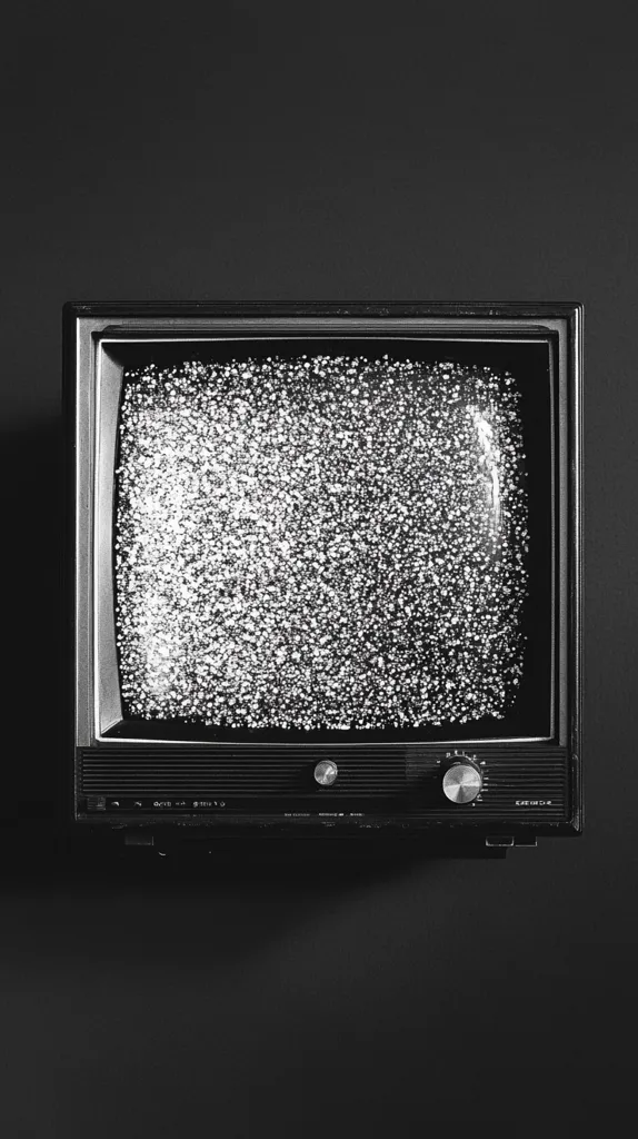 A vintage television set sits on a black surface. The screen displays static, a chaotic flurry of white noise. The television is black and white, emphasizing the stark contrast between the static and the dark background. The image evokes a sense of emptiness and the absence of signal.