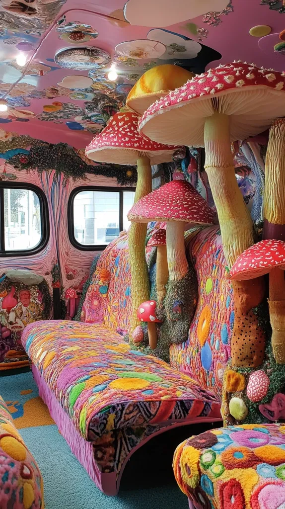 The image shows the interior of a bus decorated with oversized mushrooms and psychedelic patterns. The ceiling is a vibrant pink with colorful mushroom-shaped decorations.  The walls are covered with colorful patterns, and the seats are covered in colorful plush fabric. It creates a whimsical and surreal atmosphere.