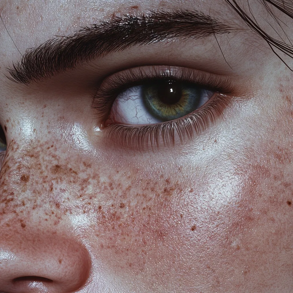 The image is a close-up of a person's eye. The eye is green with a dark brown pupil. The eyelashes are long and dark, and the eyebrow is arched and defined. The skin surrounding the eye is fair and covered in freckles. The lighting is soft and diffused, creating a gentle glow around the eye. The overall feeling is one of natural beauty and innocence.