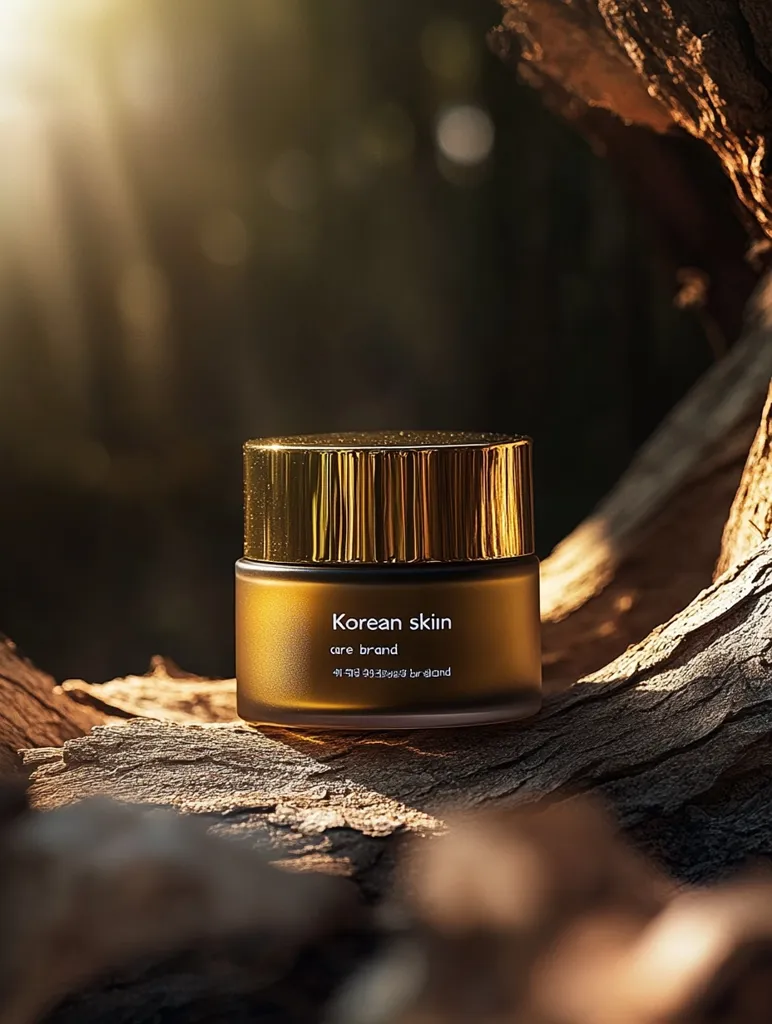 A gold jar of skincare product rests on a piece of weathered wood. The jar features the label "Korean Skin Care Brand" and is set against a blurred background of green foliage and a wooden branch. Sunlight streams through the leaves, casting a warm glow on the scene. The image evokes a sense of natural beauty and luxury.
