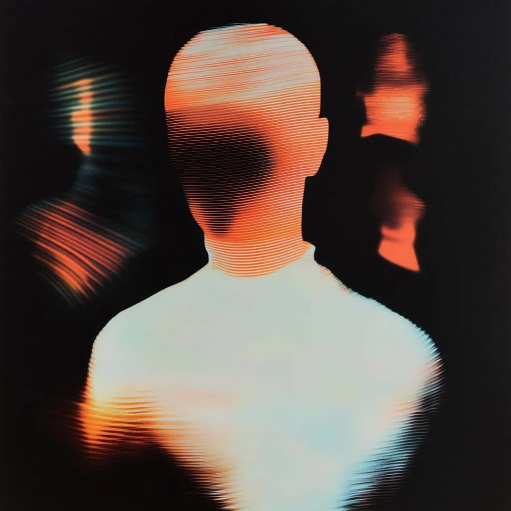 The image features a person in a white shirt standing in front of a black background. Their head and body are distorted by a digital glitch effect, creating a hazy and abstract appearance. The background shows two blurry figures, adding to the mysterious and unsettling atmosphere. The image evokes a sense of disruption and a distorted reality.