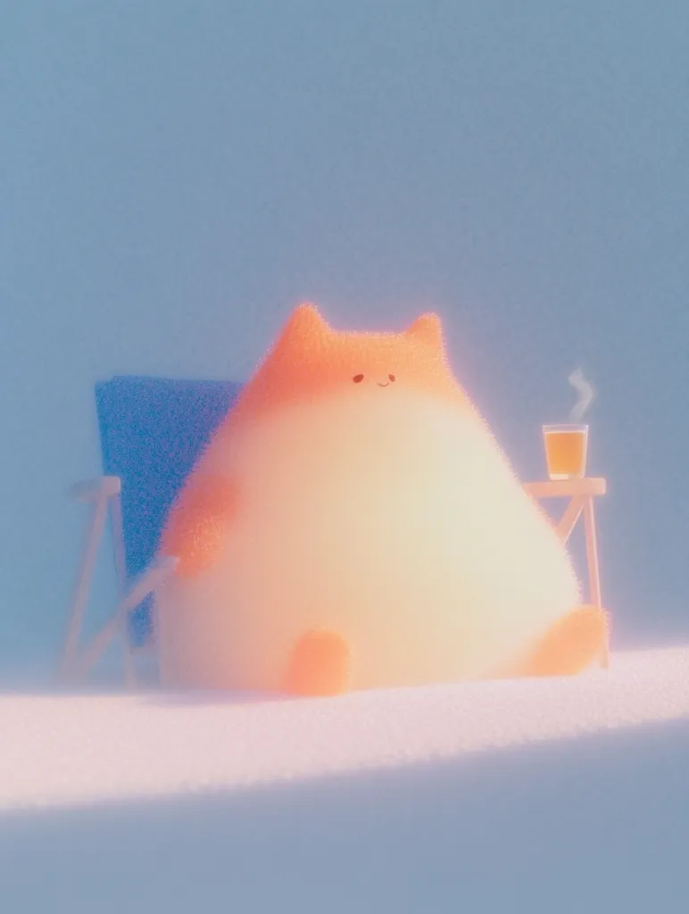 A fluffy, orange and white creature with a small smile sits on a beach chair. It has a glass of orange juice next to it.  The background is a soft, light blue. The image is rendered in a 3D style and has a cartoon-like aesthetic. The lighting is soft and warm, giving the image a dreamy feel.  The overall mood is relaxed and peaceful.