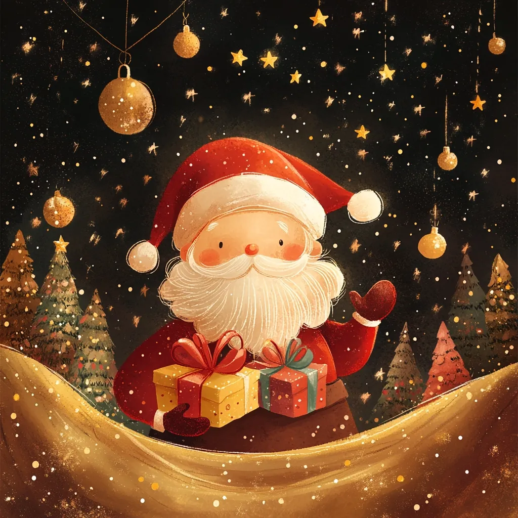 A jolly Santa Claus, wearing a red suit and white beard, stands in a snowy winter forest. He holds two wrapped gifts, one yellow and one red.  The forest is adorned with twinkling lights, and golden ornaments hang from the trees. The scene is warm and inviting, evoking the magic and joy of the Christmas season.