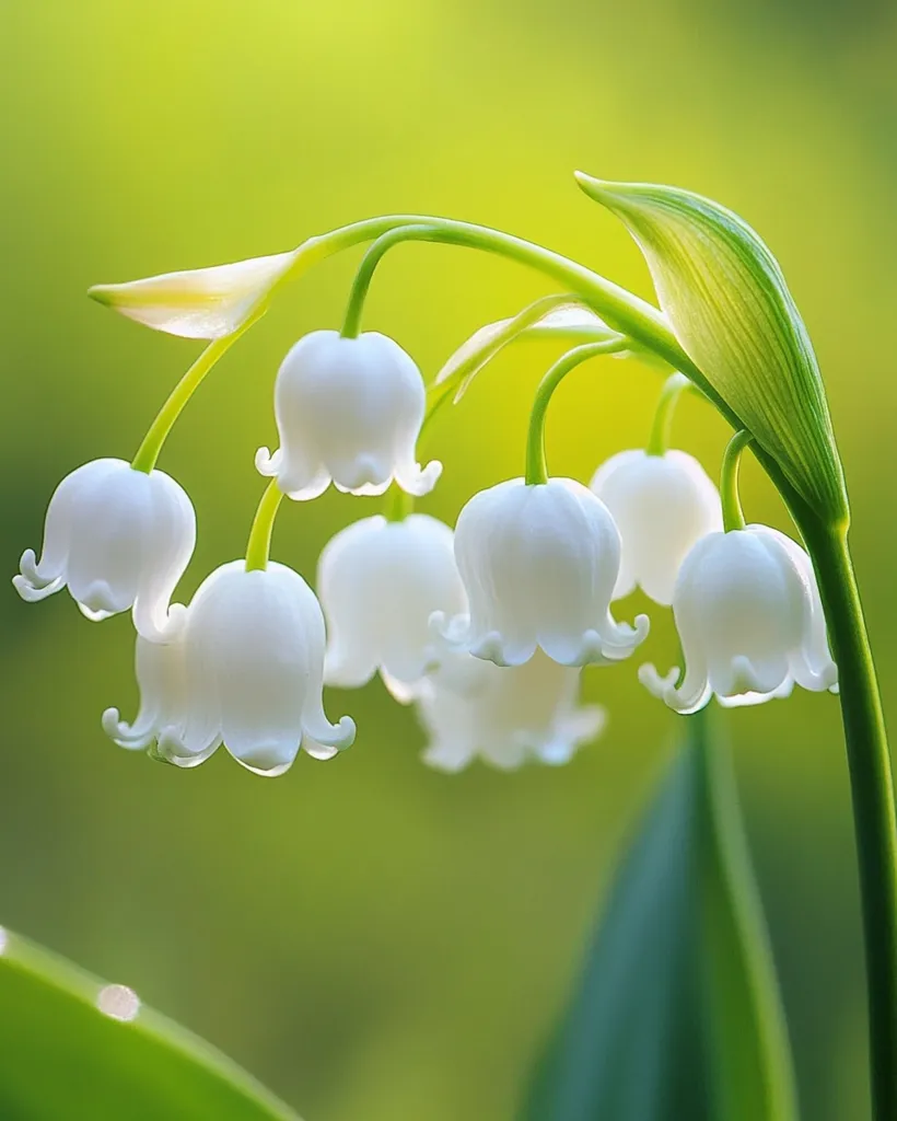 A cluster of delicate white lily of the valley flowers hang from slender green stems against a soft green background. The bell-shaped flowers are arranged in a graceful arch, their petals unfurling towards the light. The image captures the beauty and fragility of these fragrant blooms.