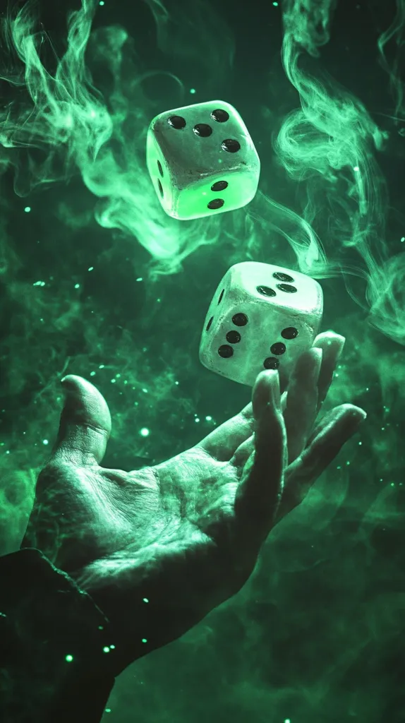 Two dice, one of which is blurry, hover above an open hand. The scene is bathed in a green, smoky light. The dice appear to be glowing, while the hand and the background are obscured in hazy green shadows. The overall mood of the image is mystical and suggestive of a magical or mystical event.