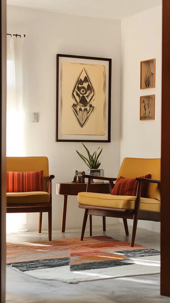 The image shows a living room with two mid-century modern chairs, a coffee table, and a rug. The chairs are upholstered in mustard yellow fabric and have wooden frames. The coffee table is made of wood and has a rectangular shape. The rug is multi-colored and has a geometric pattern. The room is painted in white and has a large window with white curtains. There is a framed artwork on the wall above the coffee table. There are two other framed artworks on the wall to the right of the chairs. A potted plant sits on the table between the chairs. The sunlight is streaming in from the window and creating shadows on the floor.  The scene evokes a sense of calm and relaxation.