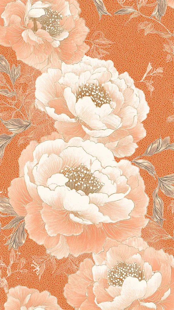 The image depicts a floral pattern with delicate, peach-colored flowers on a textured orange background. The flowers are large and layered, with intricate details in their petals and centers. There are leaves and stems woven throughout the design, adding to its organic feel. The overall effect is one of elegance and beauty, with a soft, romantic aesthetic.