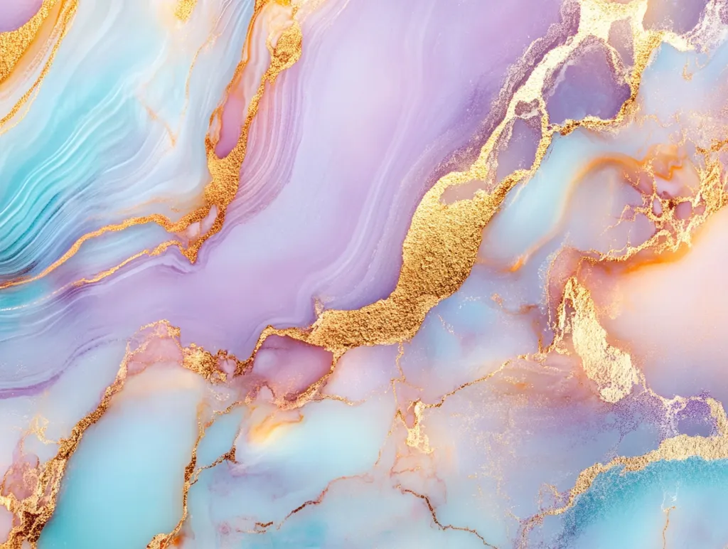 The image is an abstract design resembling marble.  It features swirling, flowing patterns in shades of light blue, purple, pink, and white, with accents of gold.  The background is a soft purple, and the colors blend into one another with soft, blurred edges.  The gold adds a luxurious touch, appearing as veins and streaks throughout the design.  The overall effect is a beautiful, ethereal, and slightly whimsical.
