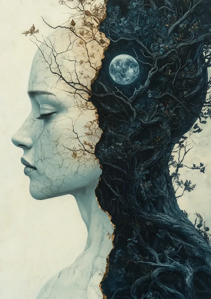 The image depicts a woman's face, her skin cracked and weathered, with a dark, twisting tree growing out of the right side of her head. The tree's branches stretch outwards, resembling hair, and its roots intertwine with the woman's face. A full moon shines through the tree's foliage, casting a mystical glow. The artwork evokes a sense of interconnectedness between nature and humanity, with the woman and the tree appearing as one.