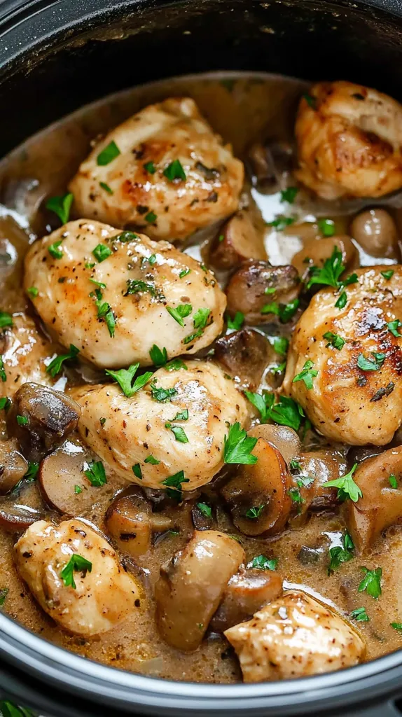 A close-up shot of a slow cooker filled with a creamy mushroom and chicken dish. The chicken is cooked to perfection and is coated in a rich sauce. The mushrooms are plump and juicy, and the dish is garnished with fresh parsley. It looks like a delicious and comforting meal.