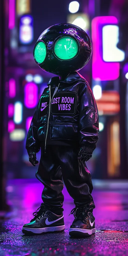 A futuristic, cartoon-like figure with large green eyes is standing in a neon-lit city. They wear a black leather jacket with "Lost Room Vibes" and a Nike logo emblazoned on it, black pants, and black sneakers with white accents. The background is a blur of vibrant purple and pink hues.  The overall impression is one of sleek, modern style.