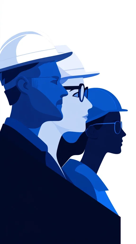 The image shows three people wearing hard hats and glasses, their faces are stylized and blue. The first person, a man, is wearing a white hard hat and is looking to the right. He is partially obscured by the second person, a woman with a blue hat, whose eyes are closed. The third person is partially obscured by the second person's hat and is looking to the right. The image is simple and abstract, with a blue color scheme. It has a contemporary, illustrative style.
